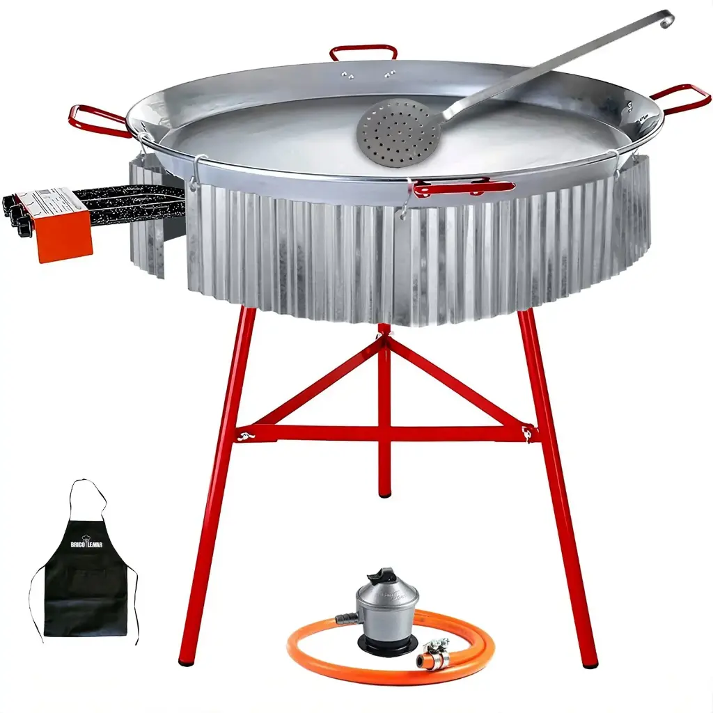 Kit paellero 70cm Garcima con paellera 90cm y soporte + regulador + manguera + paravientos ondulado + espumadera