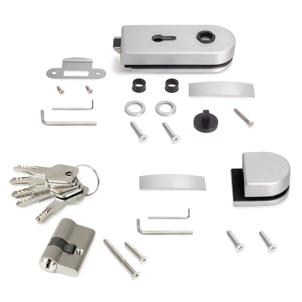 Kit cerradura y cerradero para puerta doble de cristal, puerta vidrio 8-12mm, acero y aluminio, anodizado mate. - Emuca