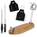 Soporte Jamonero Giratorio Plegable metal/bambú ovalado + set Cuchillo Jamonero, Chaira y Cubre Jamón 3 Claveles